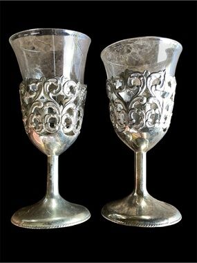 Vintage Silver Mini Chalice Goblets Cordial Shot Glass Fancy Goth Decor For 2